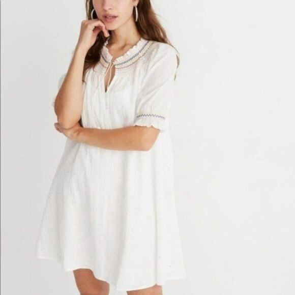 Madewell Dresses & Skirts - Madewell White Rainbow Smocked Short Sleeve Pom-Pom Trapeze Dress Small